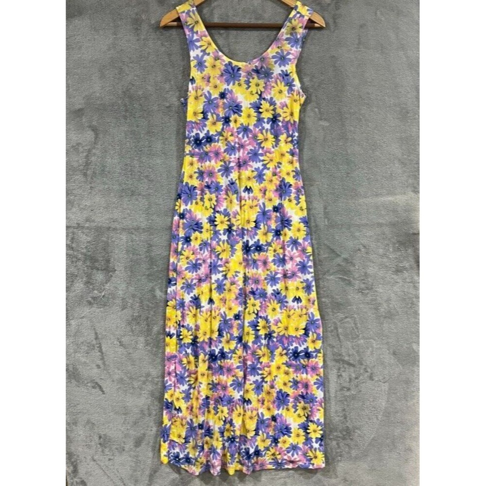 VTG Floral Sundress Maxi Daisy Colorful Flower 90s Dress Yellow Purple Pink Sz L